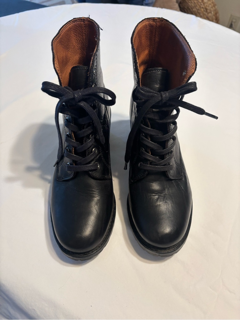 Frye Sabrina Black Leather Lace Up Combat Boots Made in USA Size 9M